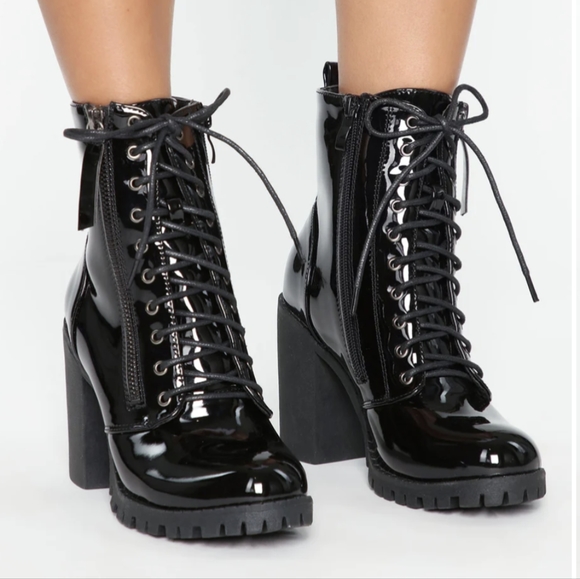 Fashion Nova Shoes - Lace-Up Patent Leather Heeled Ankle Boots